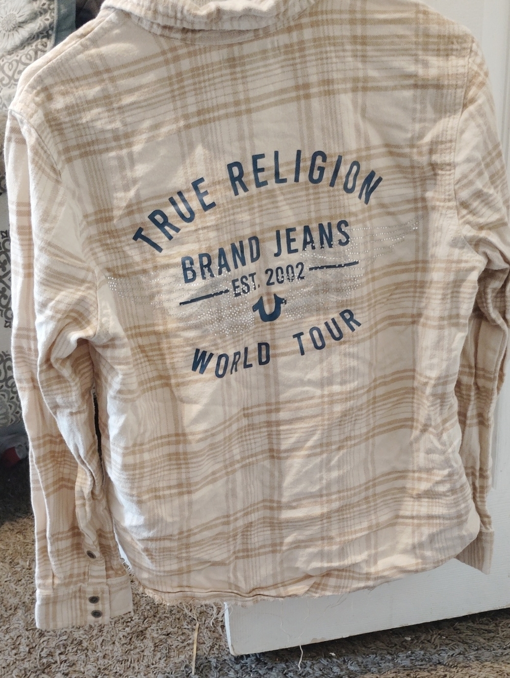 True Religion Cream and Tan Plaid Kids Button-Down Shirt with Back Logo